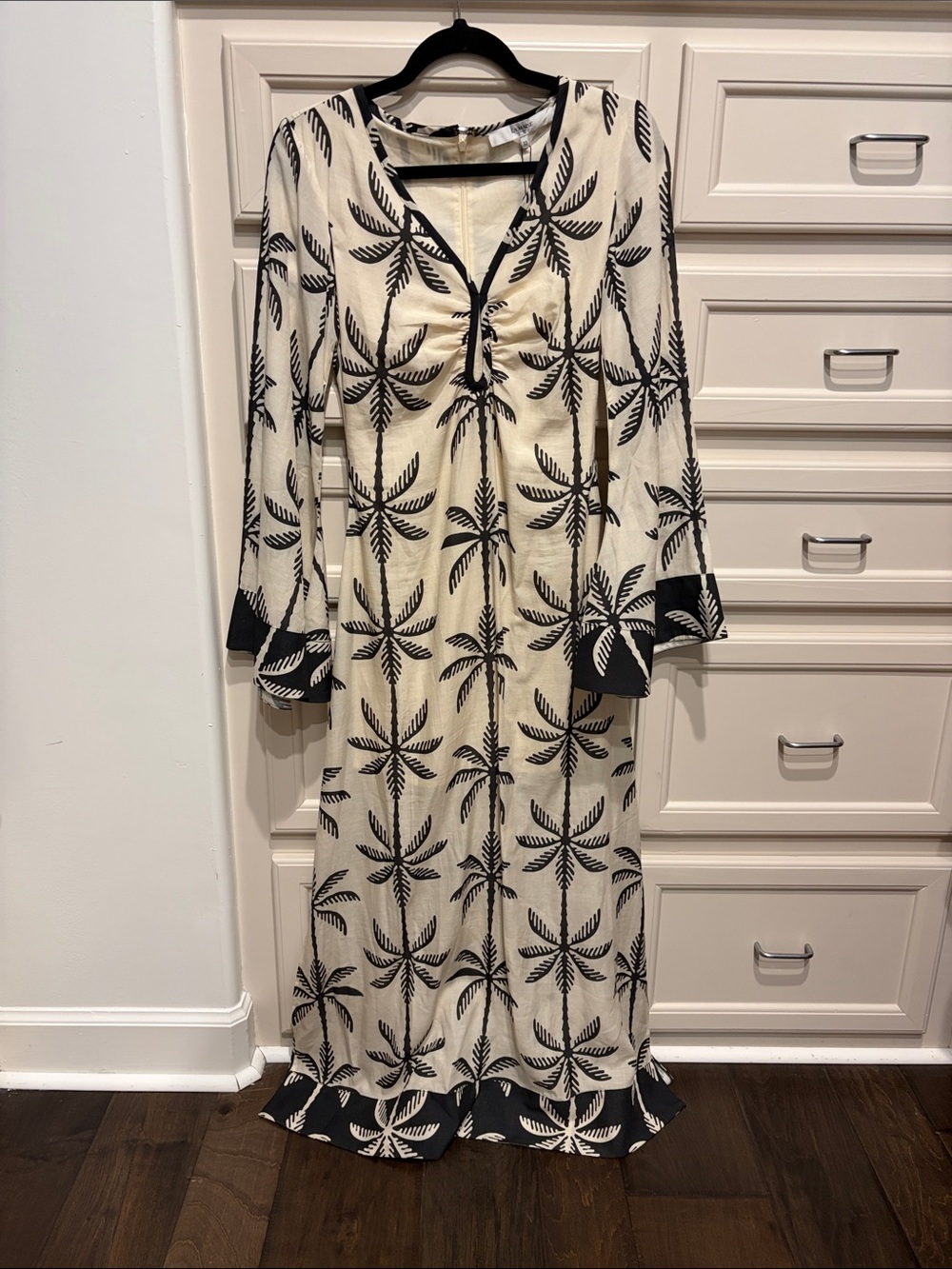 Cream and Black Maxi Dress with Palm Motif